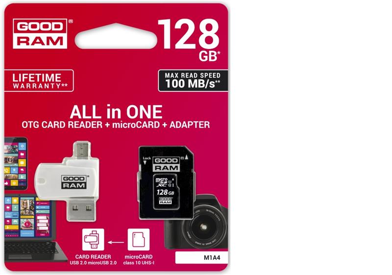 MicroSDXC 128 Gb GOODRAM UHS-I Class 10 + SD-adapter + OTG Card reader - зображення 3