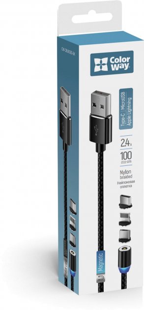 Кабель USB2 ColorWay Magnetic 3 в 1 USB-Lightning\/MicroUSB\/USB Type-C (CW-CBUU020-BK) - зображення 6