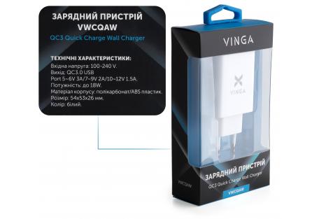 Зарядний пристрій Vinga QC3.0 Quick Wall Charger 1xUSB 18W Max (VWCQAW) - зображення 3
