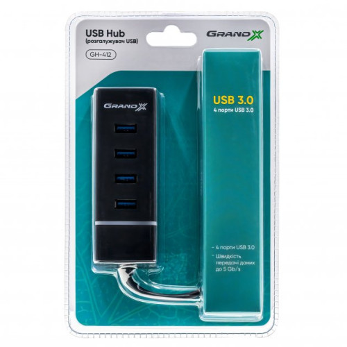 Концентратор USB 3.0 Grand-X GH-412 4 порти - зображення 3