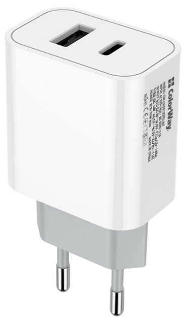 Зарядний пристрій ColorWay Type-C PD + USB QC3.0 20W (CW-CHS025QPD-WT) - зображення 2