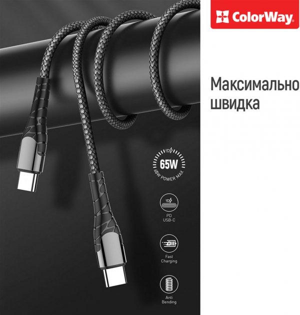 Кабель USB Type C to Type C 1.0м. Colorway PD Fast Charging, 3A, 65W - зображення 3