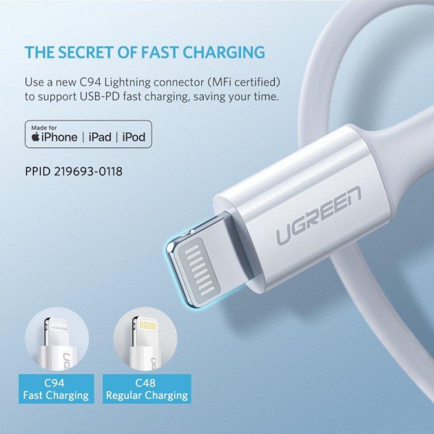 Кабель USB-C to Lightning Ugreen MFi, Model US171, 1.5 м, білий - зображення 3