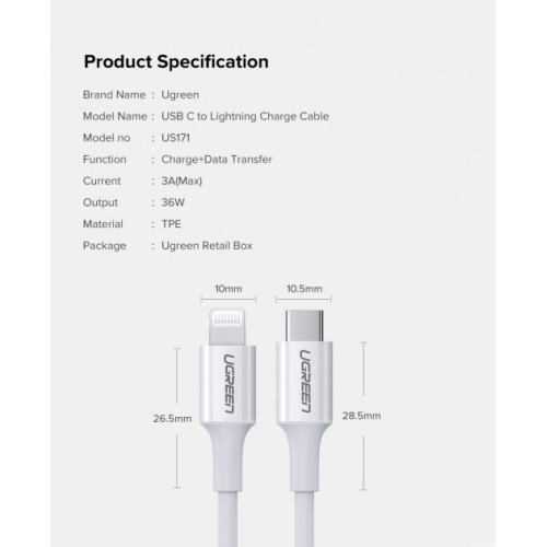 Кабель USB-C to Lightning Ugreen MFi, Model US171, 1.5 м, білий - зображення 5