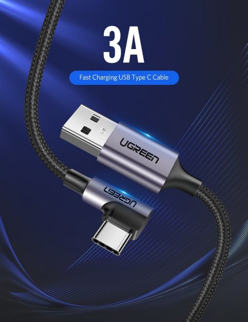 Кабель USB2  АM-Type C Ugreen US284, 1м, 3A, Г-подібні штекери - зображення 3