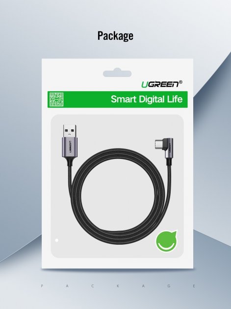 Кабель USB2  АM-Type C Ugreen US284, 1м, 3A, Г-подібні штекери - зображення 6