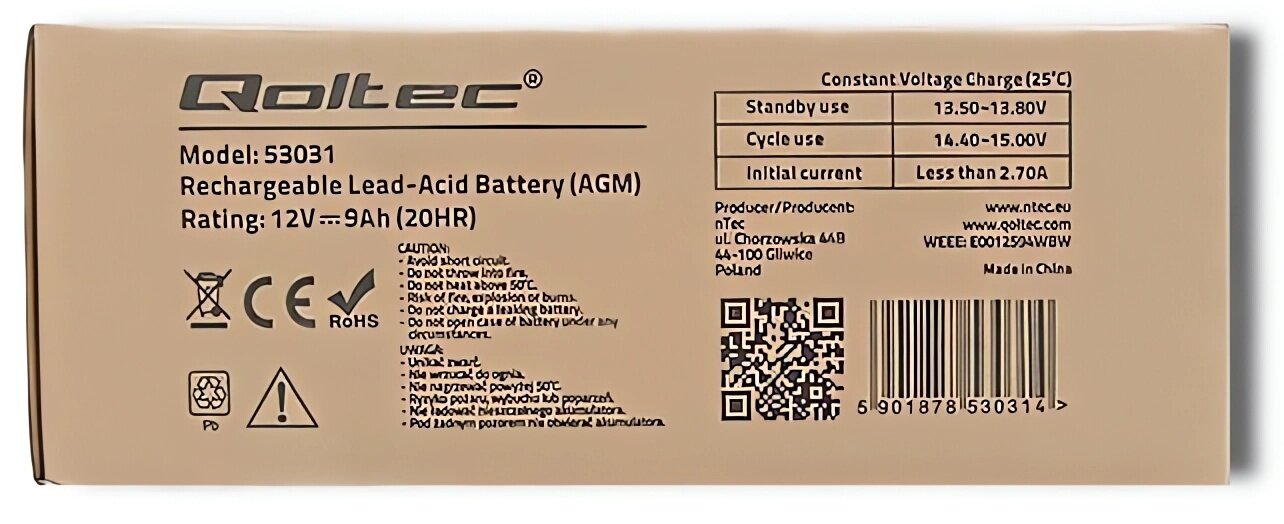 Акумуляторна батарея Qoltec AGM 12V 9Ah (53031) - зображення 6