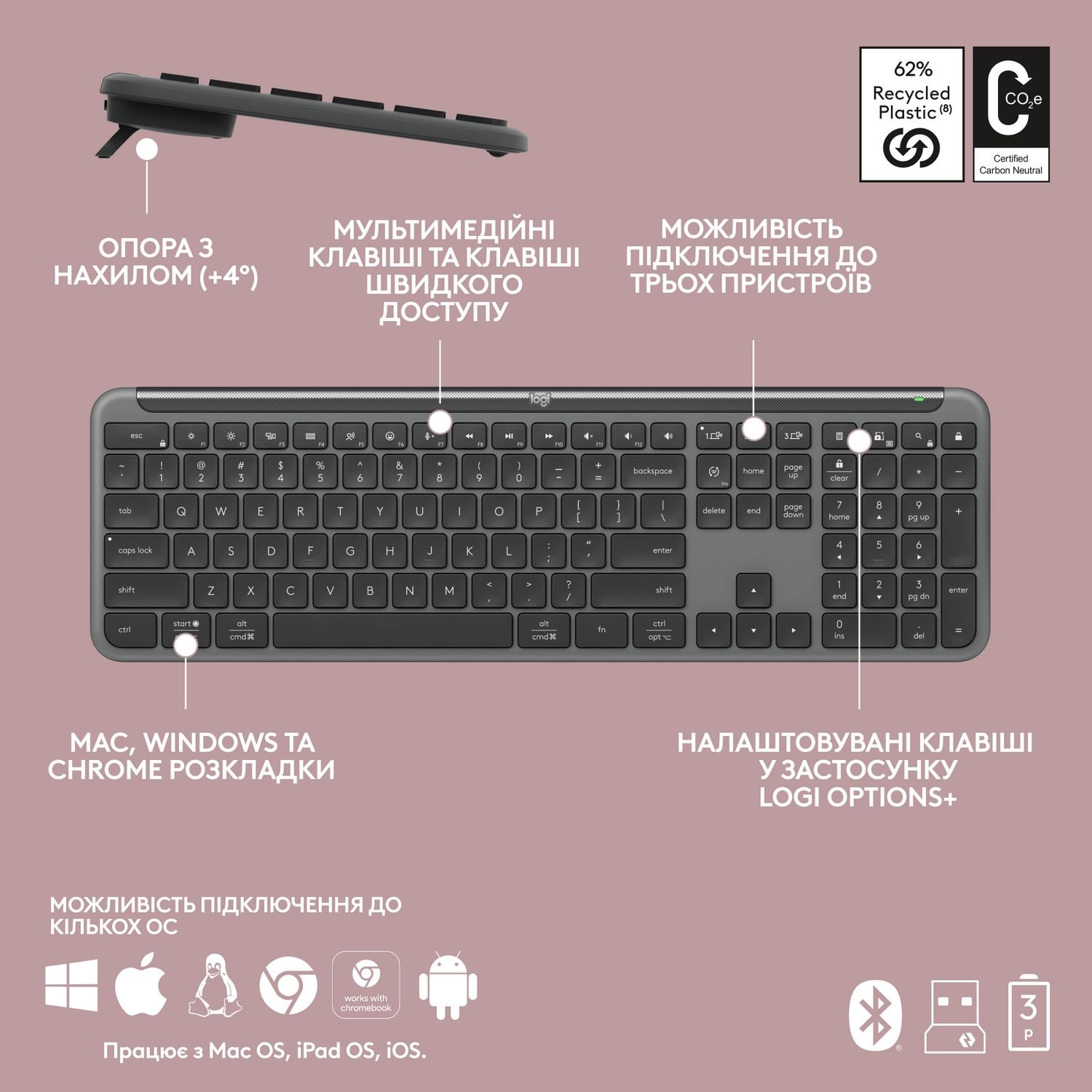 Комплект безпровідний Logitech MK950 Bluetooth\/Wireles UA Graphite - зображення 7