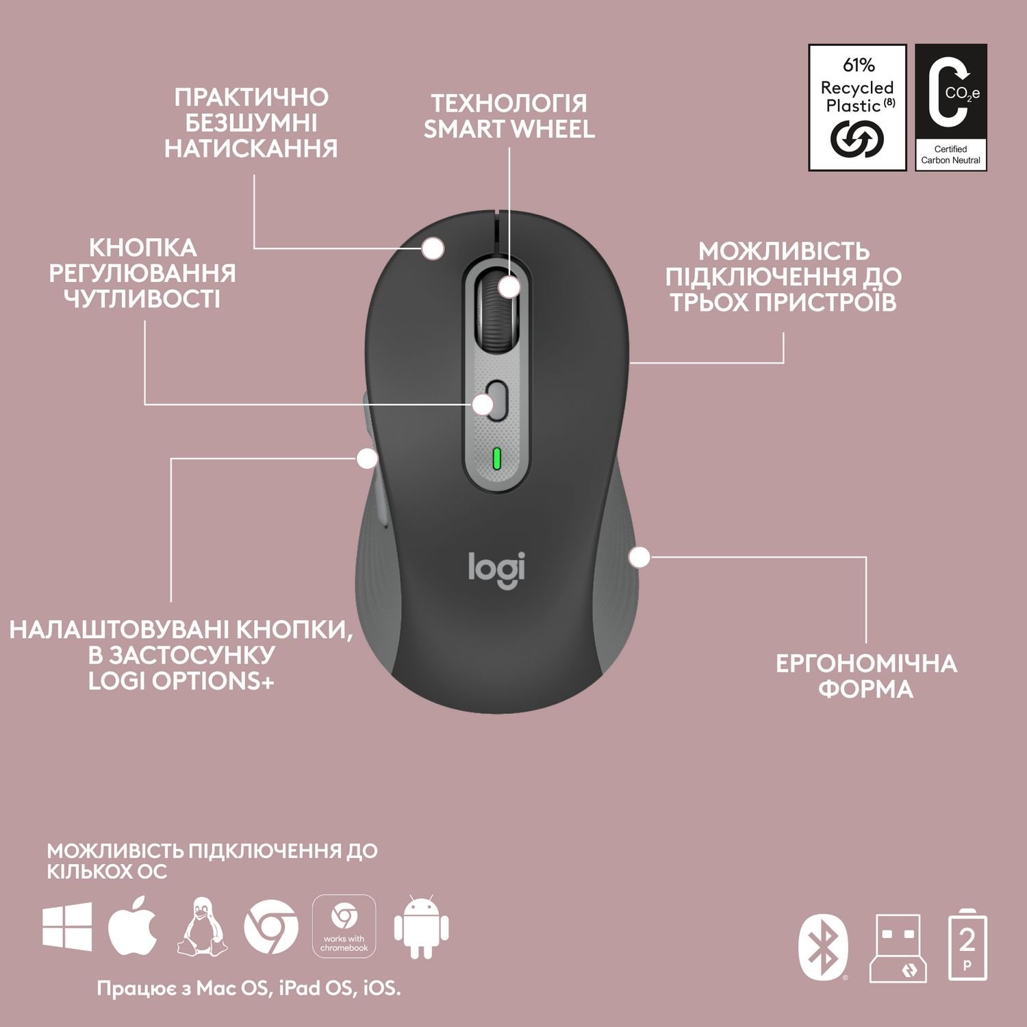 Комплект безпровідний Logitech MK950 Bluetooth\/Wireles UA Graphite - зображення 8