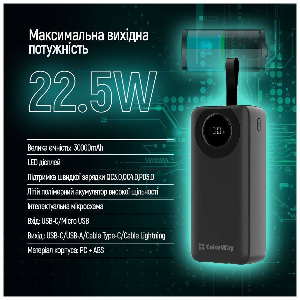 Батарея POWER BANK ColorWay EnergyPlus QC3.0 + PD 22.5 W (CW-PB300LPB4BK-PDD) - зображення 9