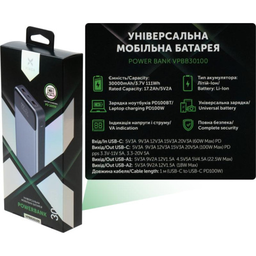 Батарея POWER BANK Vinga 30000 mAH 100W Display VA Grey - зображення 7