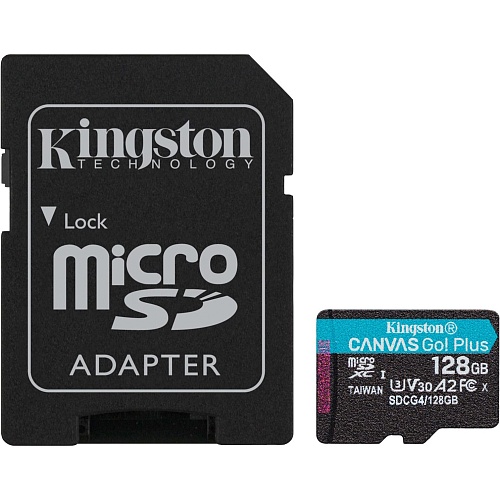 MicroSDXC 128 Gb Kingston Canvas Go Plus G4 class 10 UHS-I U3 V30 A2 з SD-адаптером - зображення 1