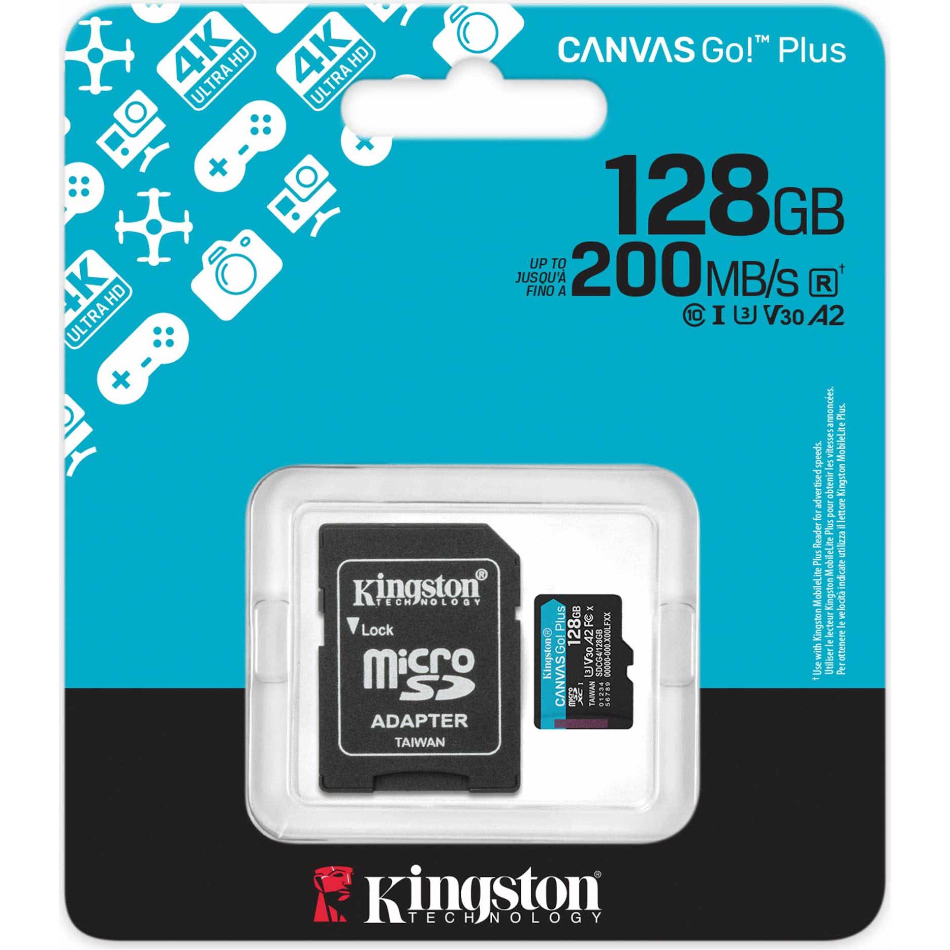 MicroSDXC 128 Gb Kingston Canvas Go Plus G4 class 10 UHS-I U3 V30 A2 з SD-адаптером - зображення 4