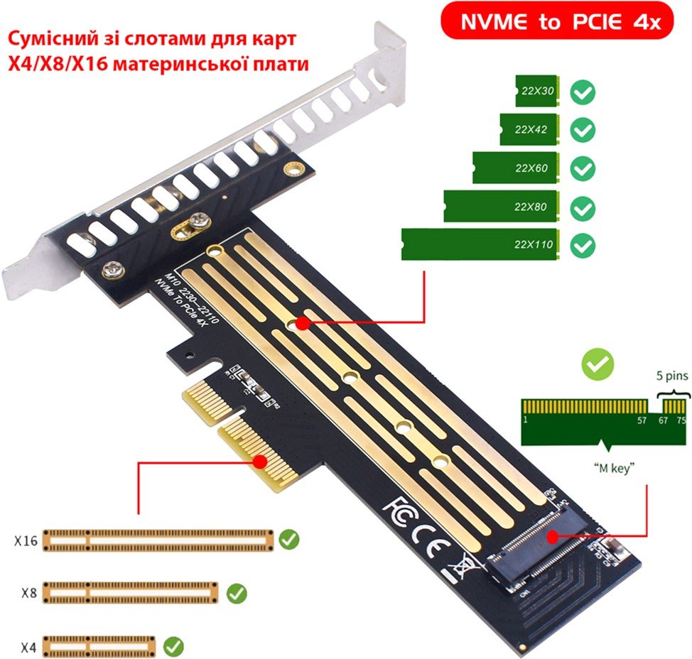 Контролер M.2 SSD NVMe M-Key to PCI-E 3.0 x4\/ x8\/ x16 Dynamode (PCI-Ex4- M.2 M-key) - зображення 3