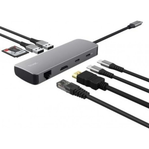 Концентратор Trust (25672) Type-C 8-in1 1xUSB-А 3.2\/USB-A 2.0\/2xUSB-С\/HDMI\/Ehernet\/SD\/microSD, aluminium, 0.15m, grey - зображення 1