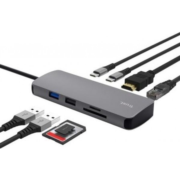 Концентратор Trust (25672) Type-C 8-in1 1xUSB-А 3.2\/USB-A 2.0\/2xUSB-С\/HDMI\/Ehernet\/SD\/microSD, aluminium, 0.15m, grey - зображення 2