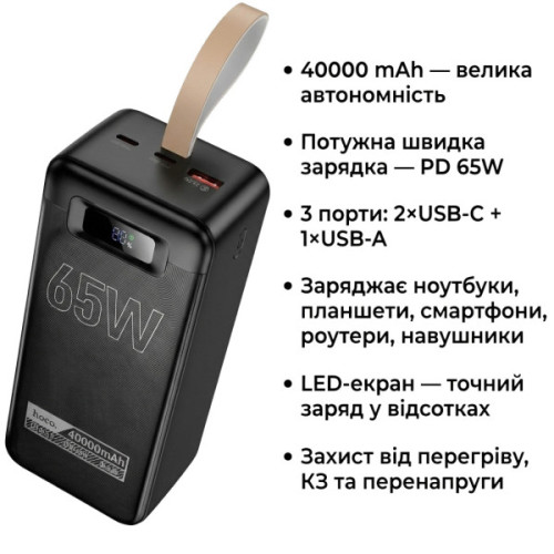 Батарея POWER BANK Hoco DB82 Aquila 40000mAh, PD 65W, black (DB82 \/ 714726) - зображення 4
