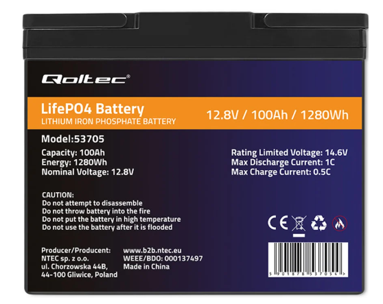 Акумуляторна батарея LiFePo4 Qoltec 12.8V-100Ah BMS (53705) - зображення 1