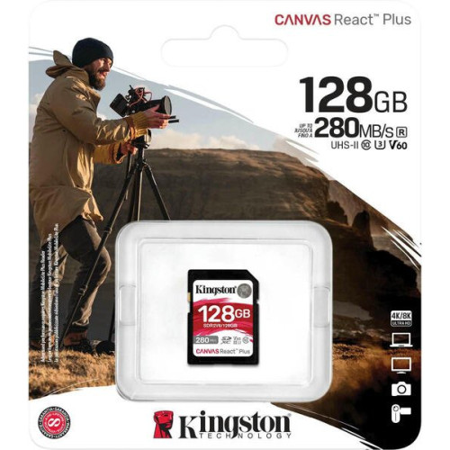 Secure Digital card 128 Gb Kingston Canvas React Plus V60, class 10, UHS-II, U3, для Full HD\/4K (SDR2V6\/128GB) - зображення 3