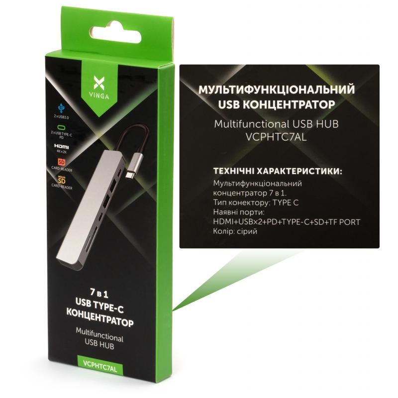 Концентратор Vinga Type-C to 4K HDMI+2*USB3.0+SD+TF+PD+USB-C 3.1 Gen1 aluminium - зображення 5