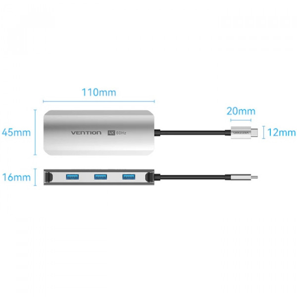 Концентратор Vention USB 3.1 Type-C to HDMI 4K60Hz\/USB 3.0x3\/PD 100W 5-in-1 - зображення 3