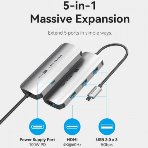 Концентратор Vention USB 3.1 Type-C to HDMI 4K60Hz\/USB 3.0x3\/PD 100W 5-in-1 - зображення 5