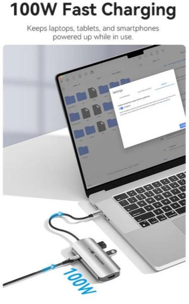 Концентратор Vention USB 3.1 Type-C to HDMI 4K60Hz\/USB 3.0x3\/PD 100W 5-in-1 - зображення 6