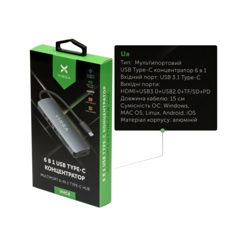 Концентратор Vinga USB 3.1 Type-C to to HDMI+USB3.0+USB 2.0+SD\/microSD+PD 6in1 - зображення 4