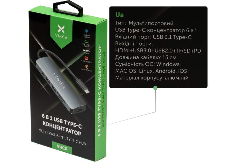 Концентратор Vinga USB 3.1 Type-C to to HDMI+USB3.0+USB 2.0+SD\/microSD+PD 6in1 - зображення 4