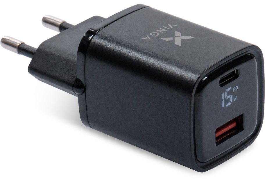 Зарядний пристрій Vinga USB-C PD30W + USB-A QC30W Display 33W Max (VCR30ACDB) - зображення 1