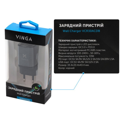 Зарядний пристрій Vinga USB-C PD30W + USB-A QC30W Display 33W Max (VCR30ACDB) - зображення 4