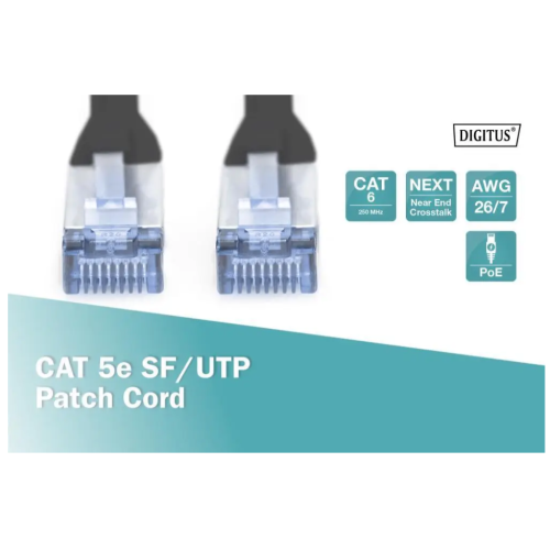 Патч-корд CAT5e SF-UTP, RJ45, 2.0м, AWG 26\/7, CU, чорний, Digitus - зображення 3