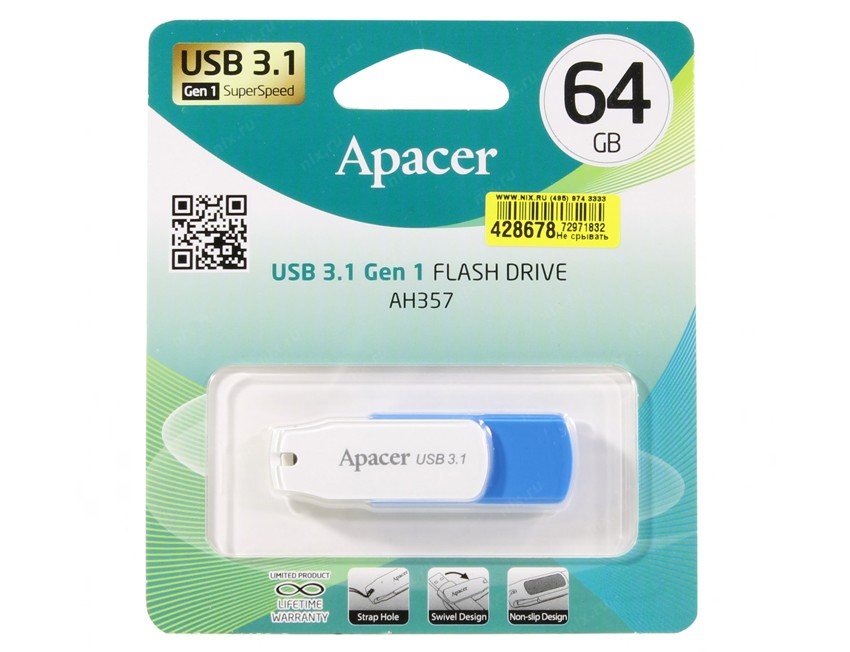 Флеш пам'ять USB 64 Gb Apacer AH357 Blue USB3.1 - зображення 5