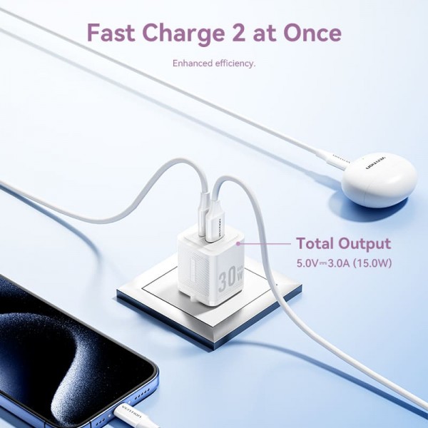 Зарядний пристрій Vention GaN III PD 30W QC3.0 3A White (FEQW0-EU) - зображення 3