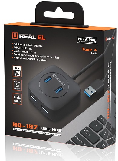 Концентратор USB 3.0 REAL-EL HQ-187 black 4 порти - зображення 8