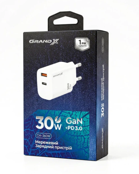 Зарядний пристрій Grand-X CH-360W GaN 30W PD 3.0 - зображення 5