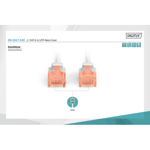 Патч-корд Cat.6, UTP, RJ45, 5.0 м, AWG 26\/7, Cu, LSZH, сірий, Digitus - зображення 3