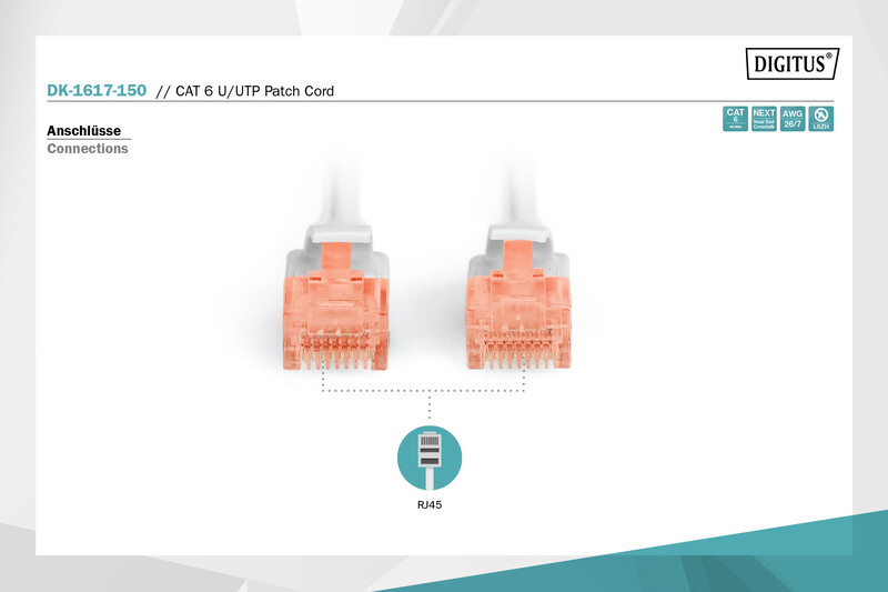 Патч-корд Cat.6, UTP, RJ45, 5.0 м, AWG 26\/7, Cu, LSZH, сірий, Digitus - зображення 3