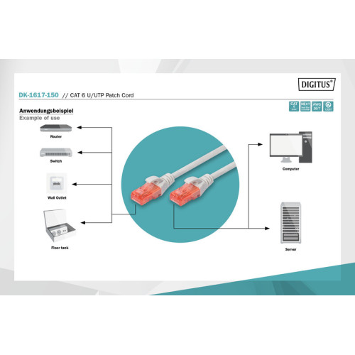 Патч-корд Cat.6, UTP, RJ45, 5.0 м, AWG 26\/7, Cu, LSZH, сірий, Digitus - зображення 4