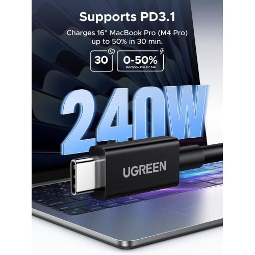 Кабель Thunderbolt 5 USB-C to USB-C Ugreen L703, 1м, 5A, PD3.1 240W, 16K@60Hz, 80-120 Гбіт\/с - зображення 3