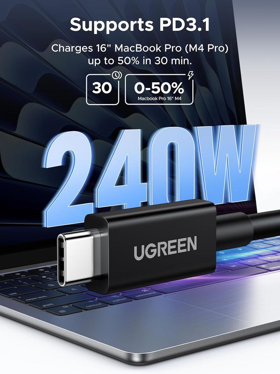 Кабель Thunderbolt 5 USB-C to USB-C Ugreen L703, 1м, 5A, PD3.1 240W, 16K@60Hz, 80-120 Гбіт\/с - зображення 3