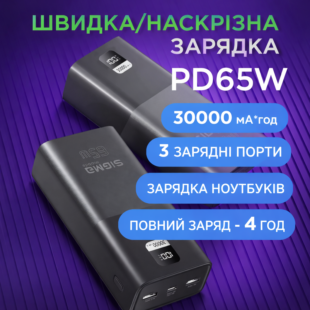 Батарея POWER BANK Sigma X-power SI30A6QLX 30000mAh 65W PD - зображення 8