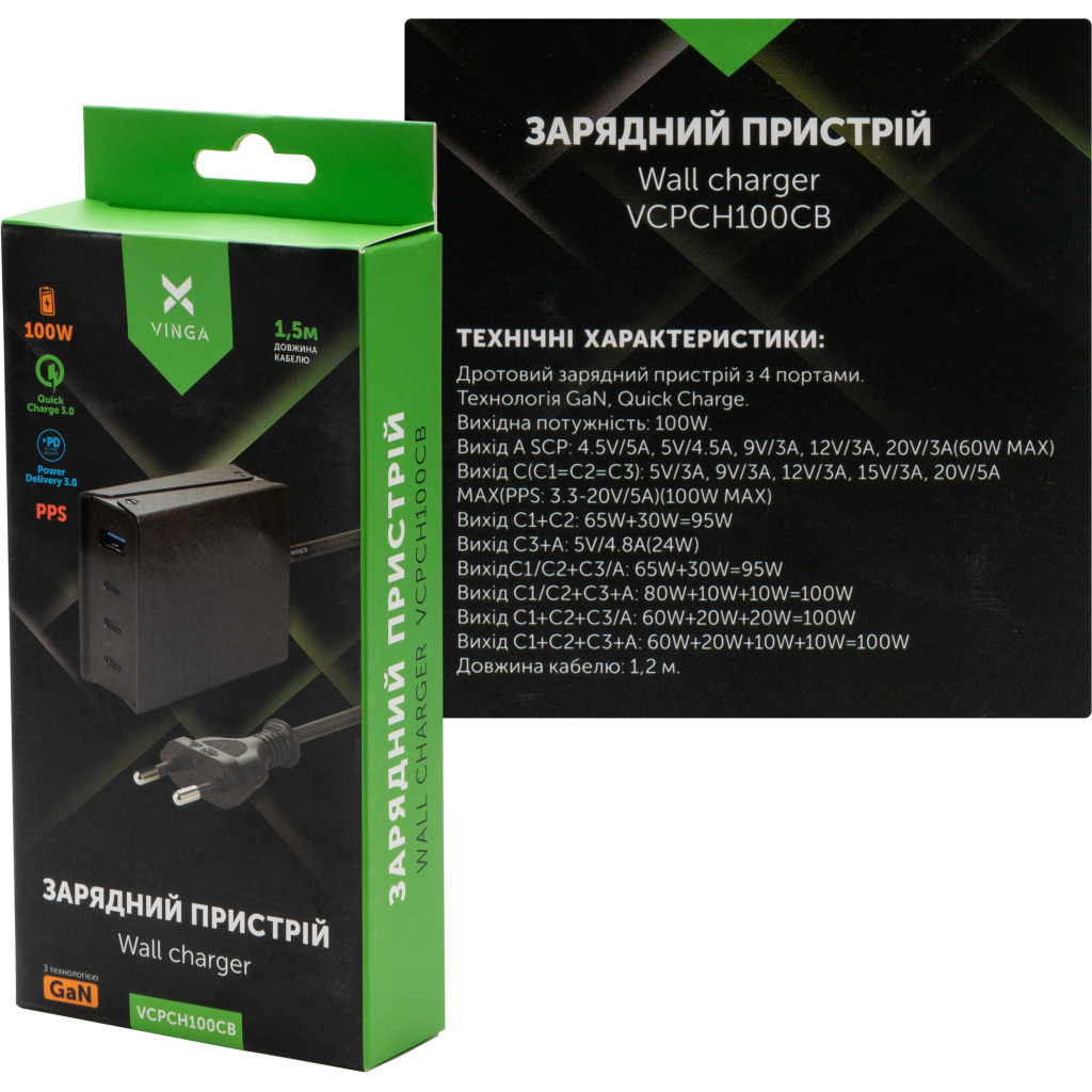 Зарядний пристрій Vinga GaN 100W PD+QC (VCPCH100CB) - зображення 6